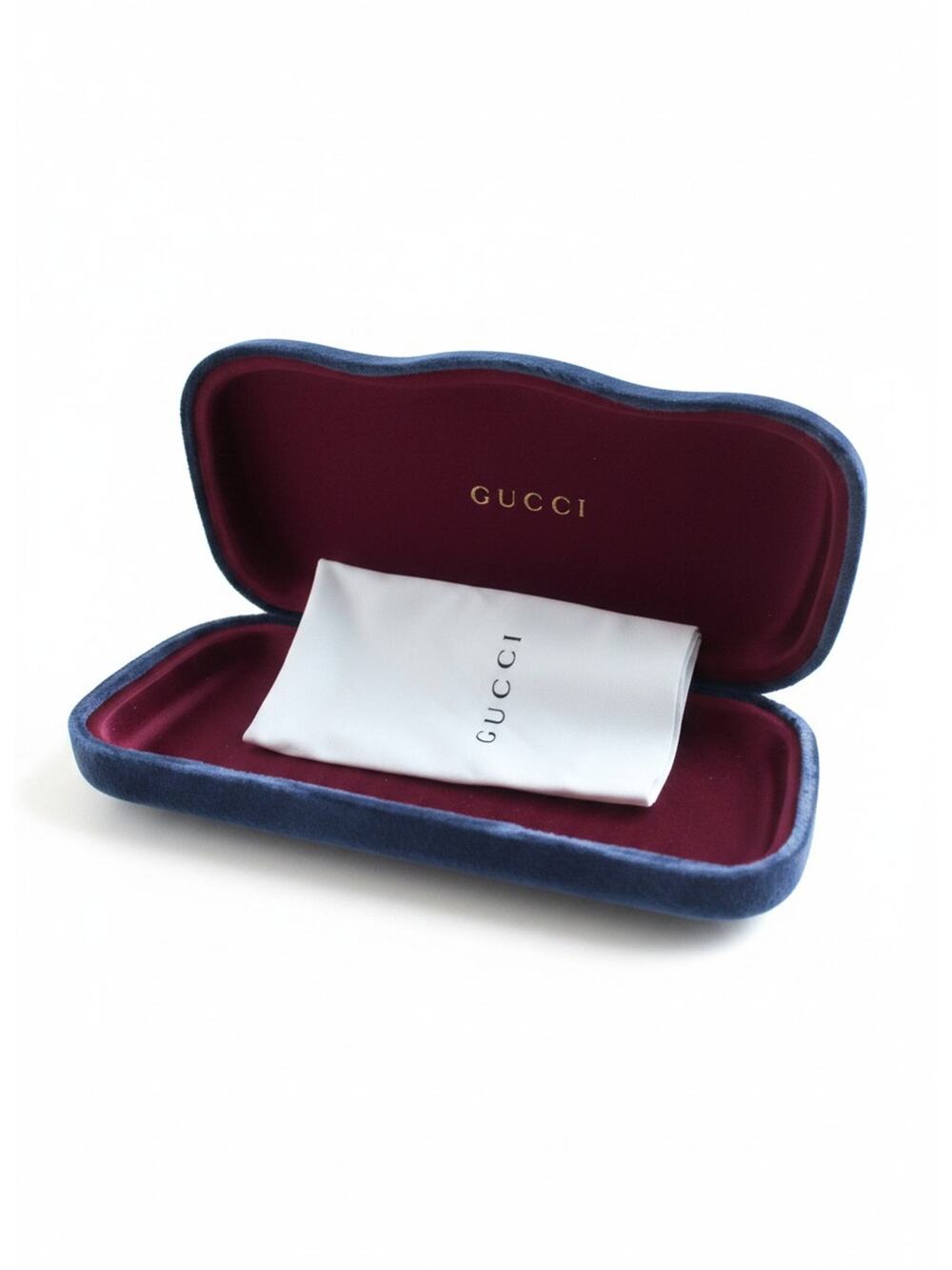 Gucci Blue Velvet Eyeglasses Sunglasses Case Red Interior Dust Bag As Is
